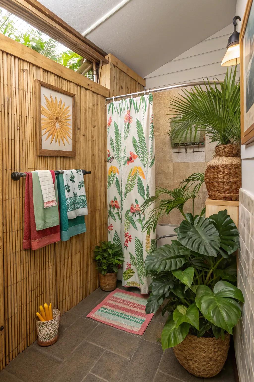 Bamboo boards encouraging an eco-friendly and soothing vibe in a small bathroom.