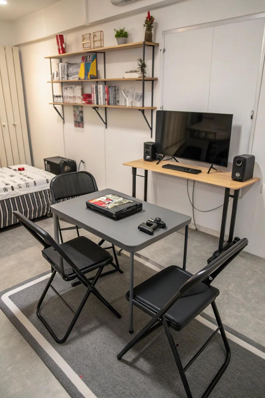 Foldable furniture adds flexibility to a small gaming room.