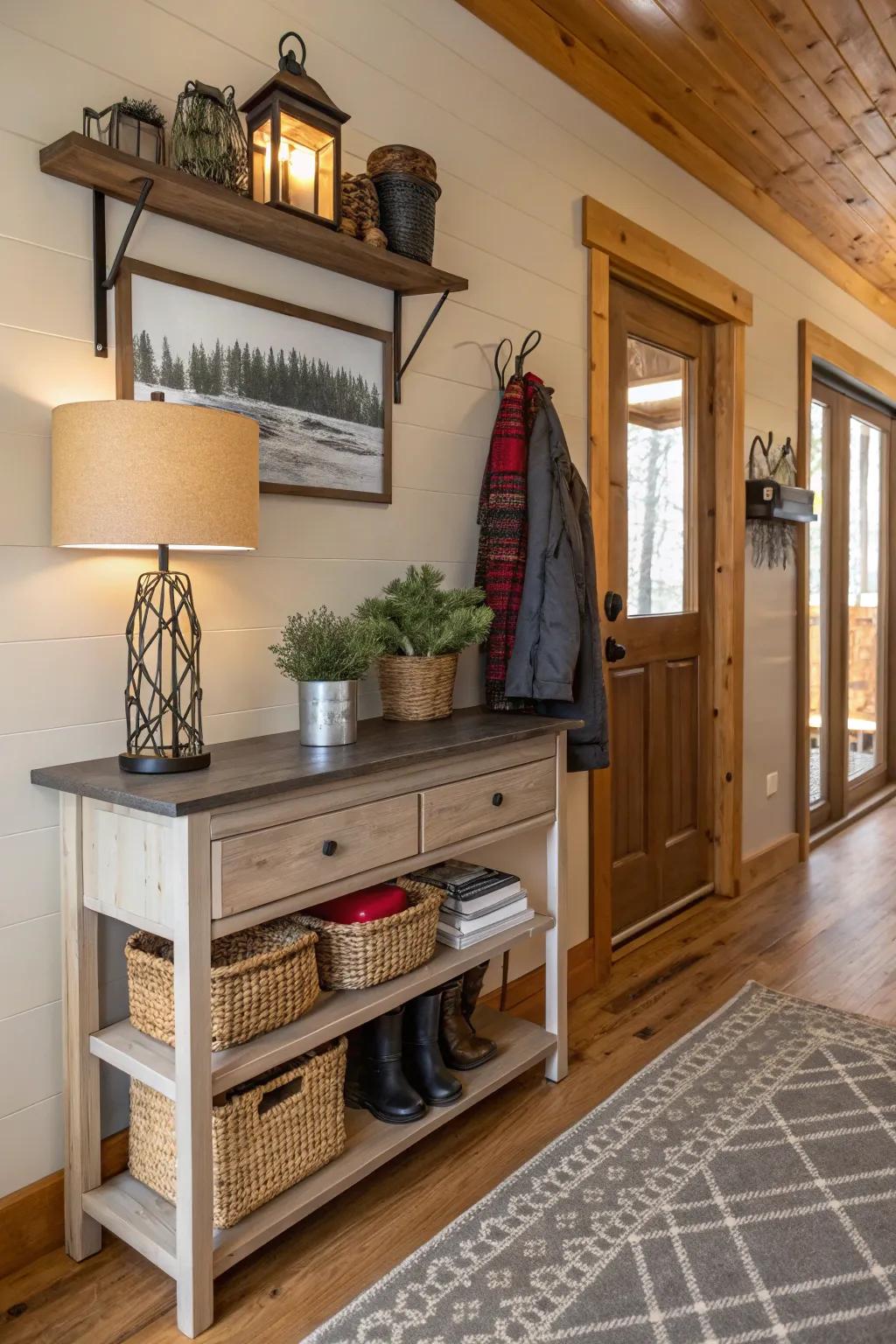 A welcoming cabin entryway with practical and stylish decor.