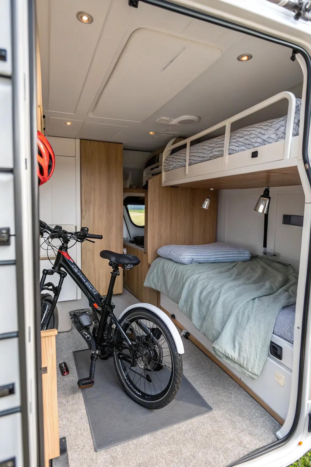 A foldable bike inside a camper provides mobility without sacrificing floor space.