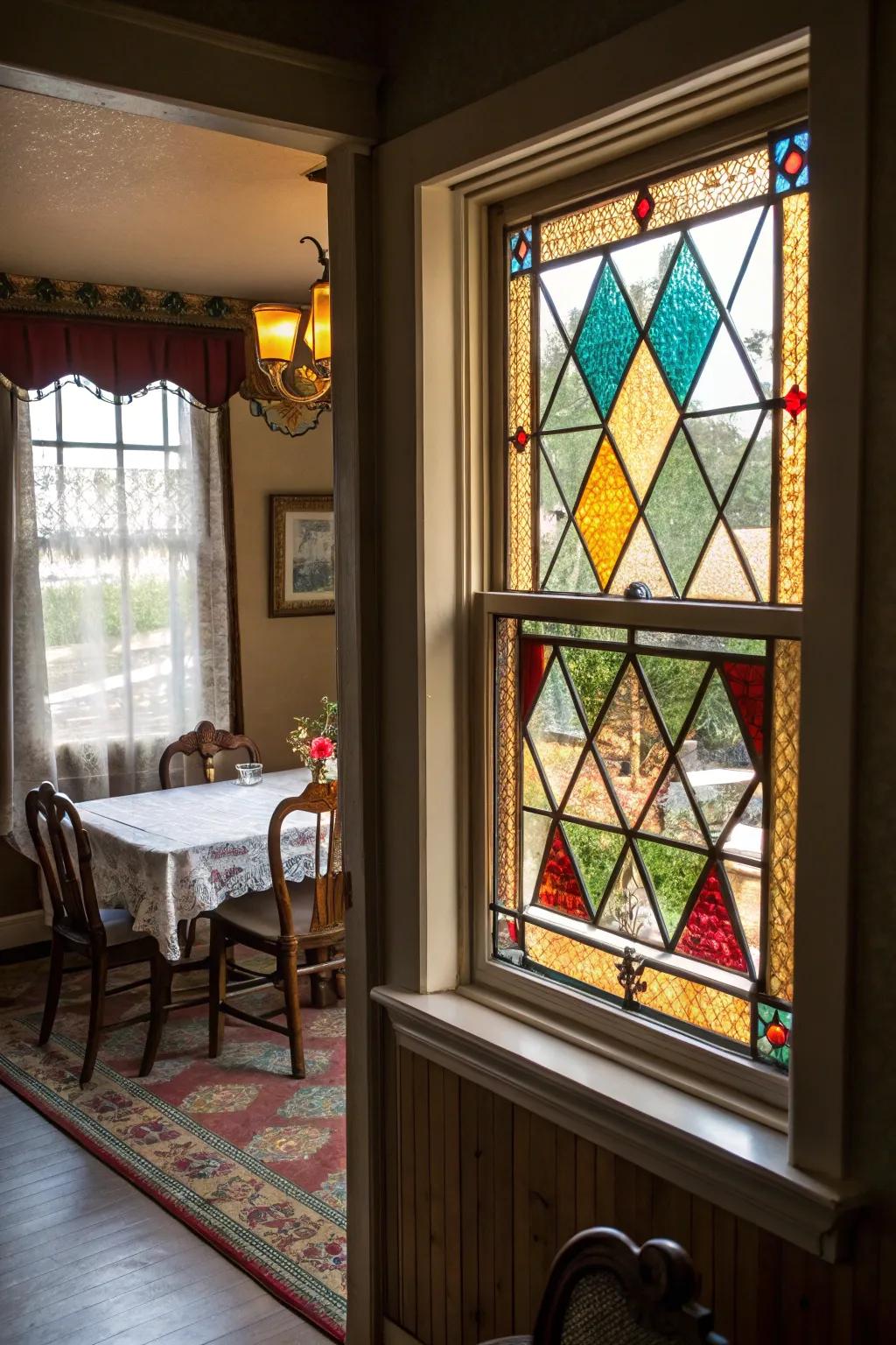 Hued glass windows provide artistic style and colorful charm.