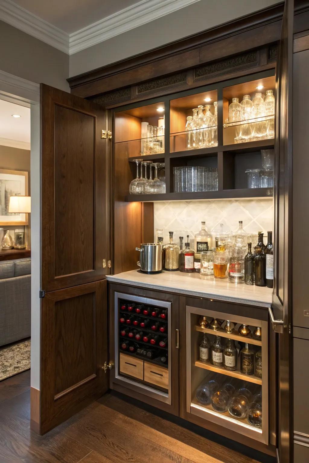 A hidden drink station concealed behind cabinet doors.