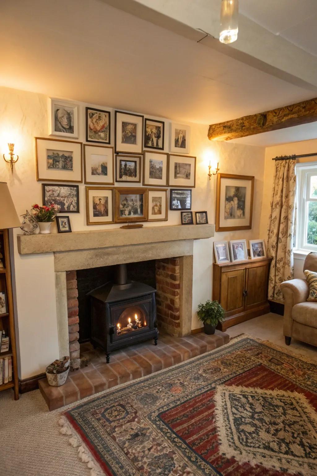 Layered frames enrich depth and personal touch to the room.