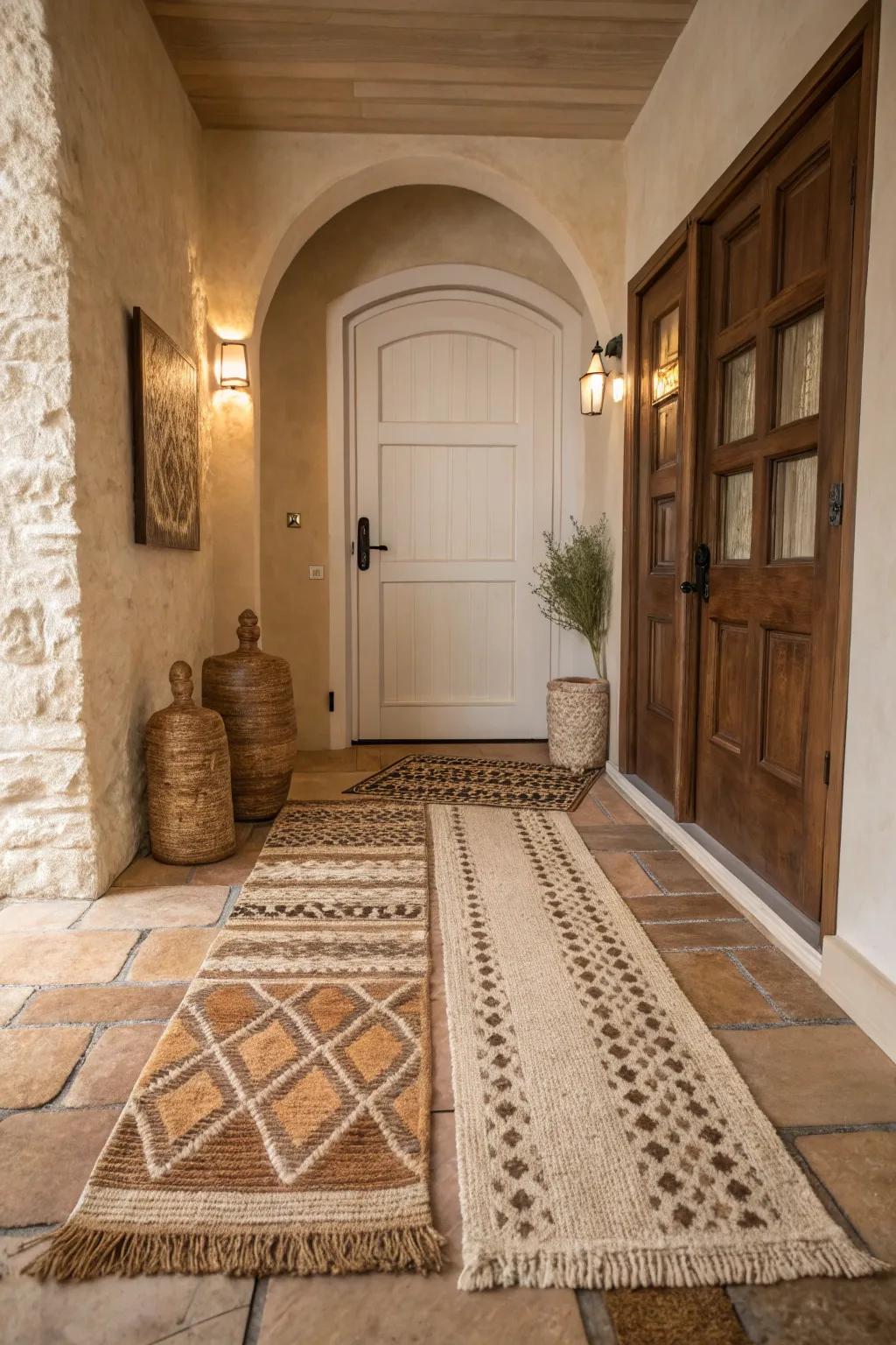 Coated rugs fabricate a textured and inviting entryway.
