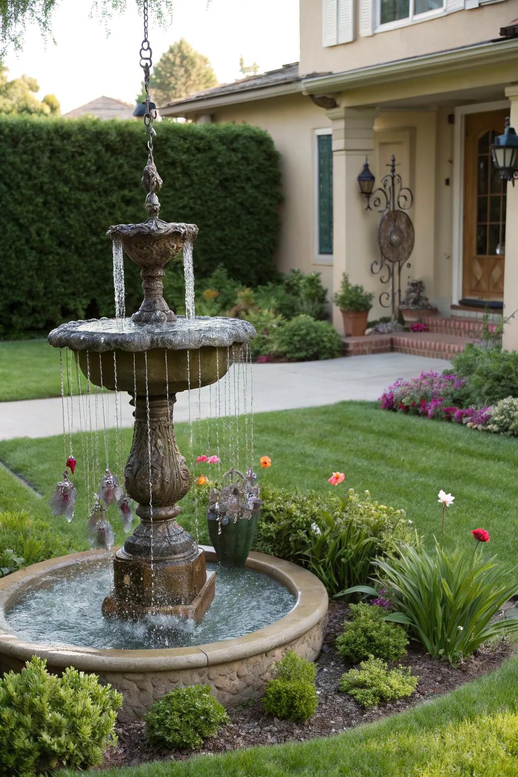 Tintinnabulating fountains craft a symphony of water and sound.