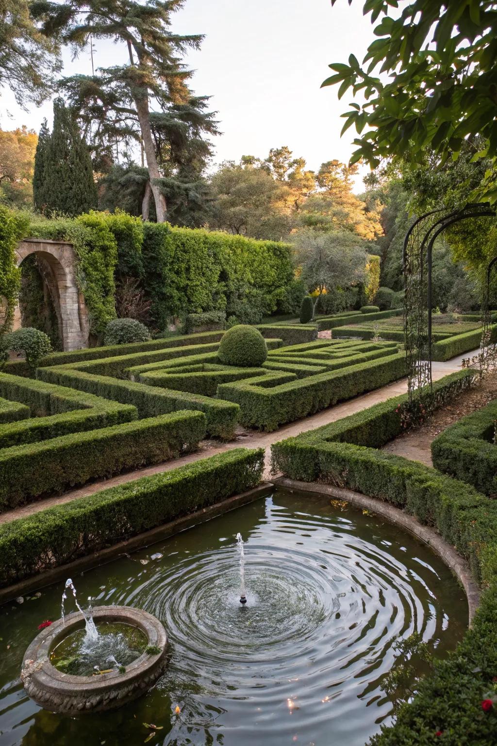 A reflective river maze adding tranquility to the garden.