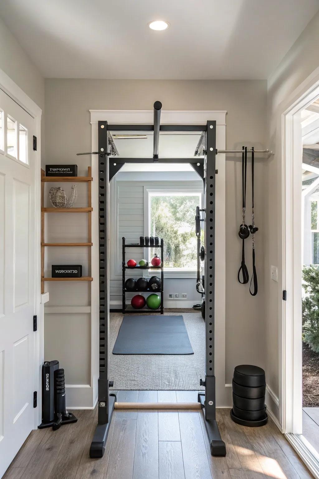 To your gym, a doorway pull-up bar is a small and effective addition.