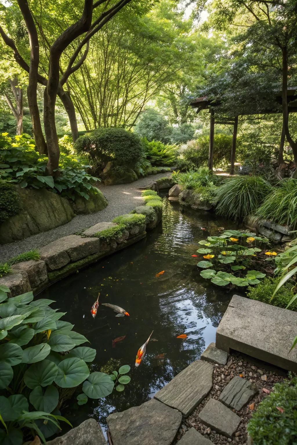 A shaded koi pond sanctuary for cooler waters and happier fish.