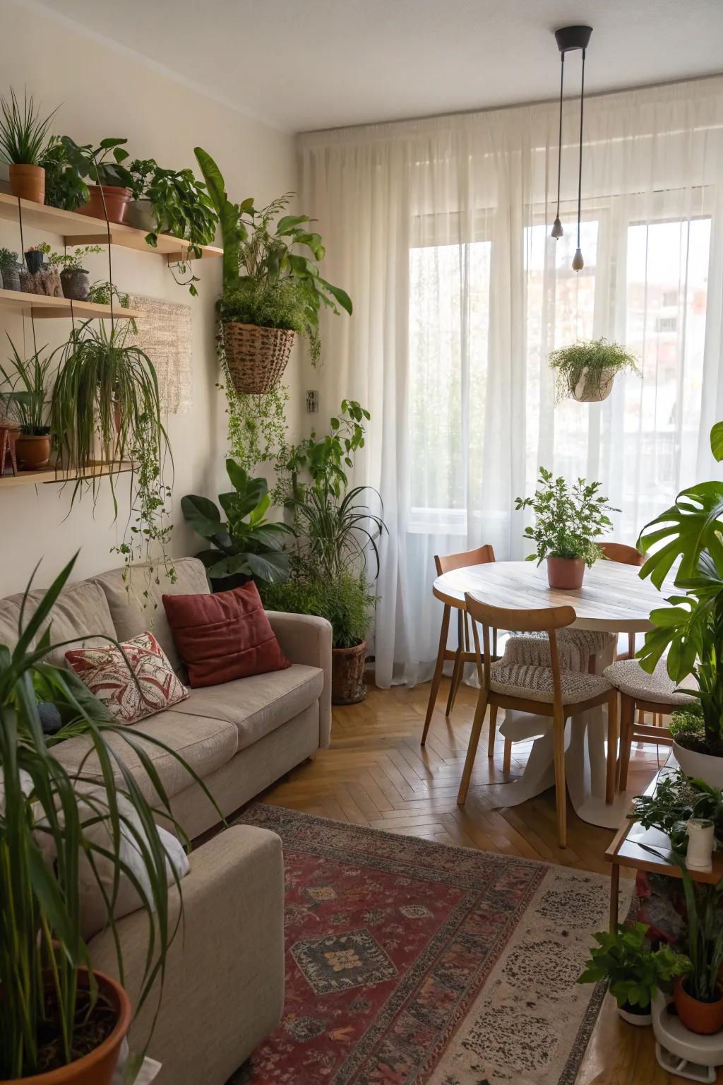 Plants adding life and color to the small combined area.