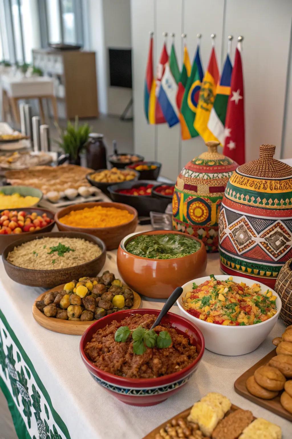 A cultural exchange night with diverse dishes and cultural items.