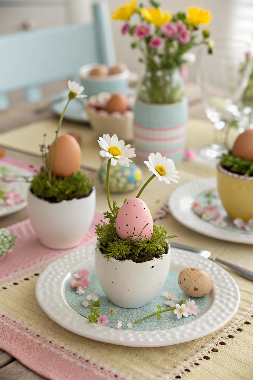 Egg covers assemble adorable mini vases that boost a whimsical table setting.
