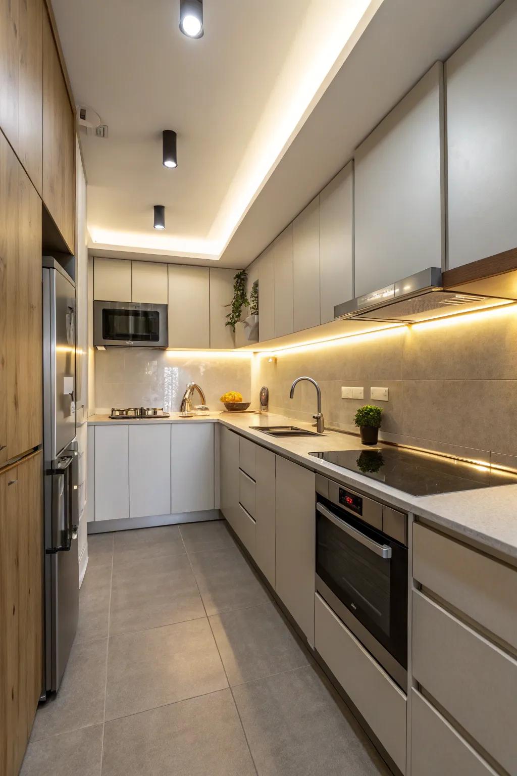 Lighting below cupboards brightens up small kitchen workspaces.