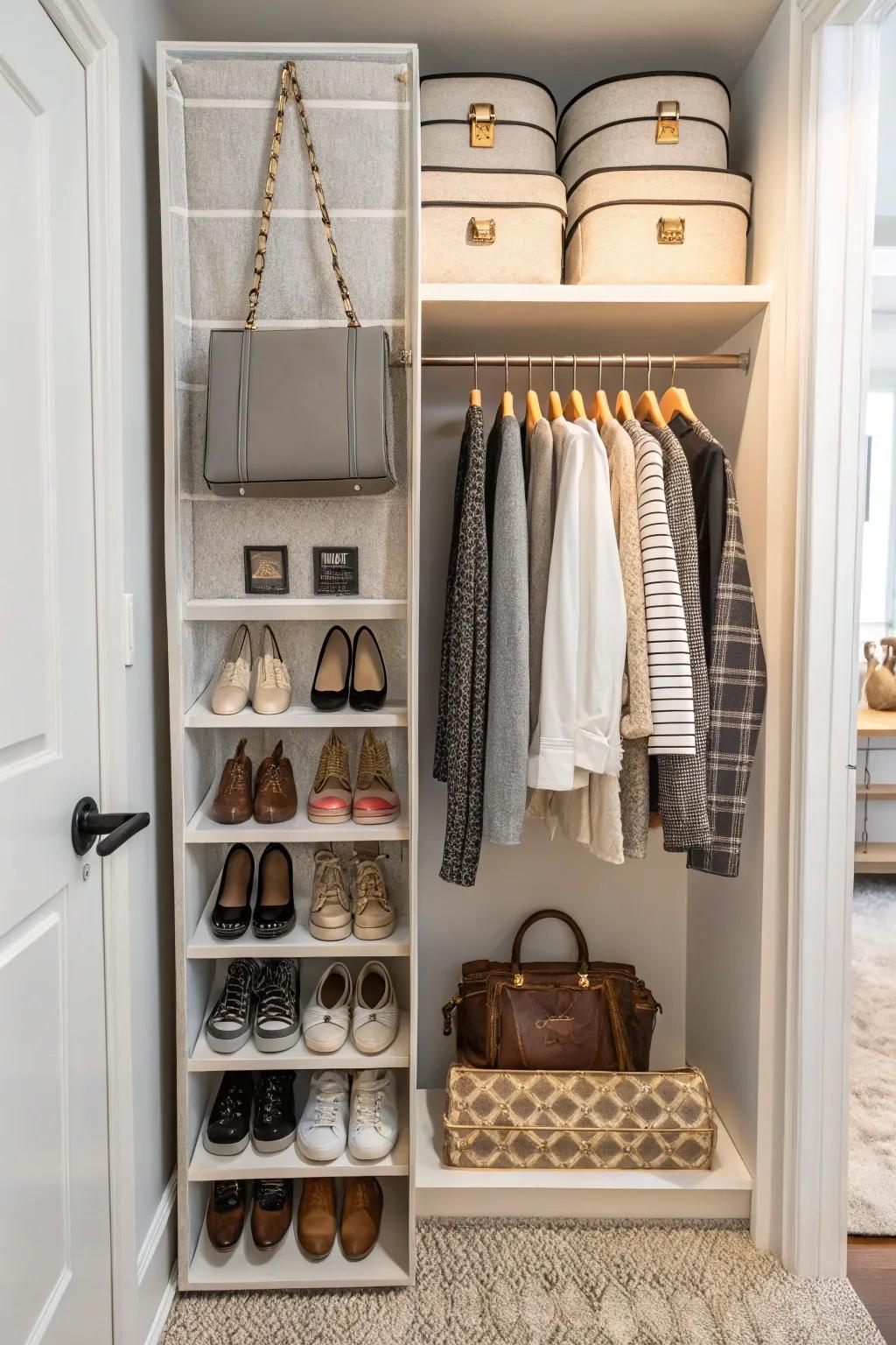 A hanging organizer in a closet, optimizing space for footwear and accessories.