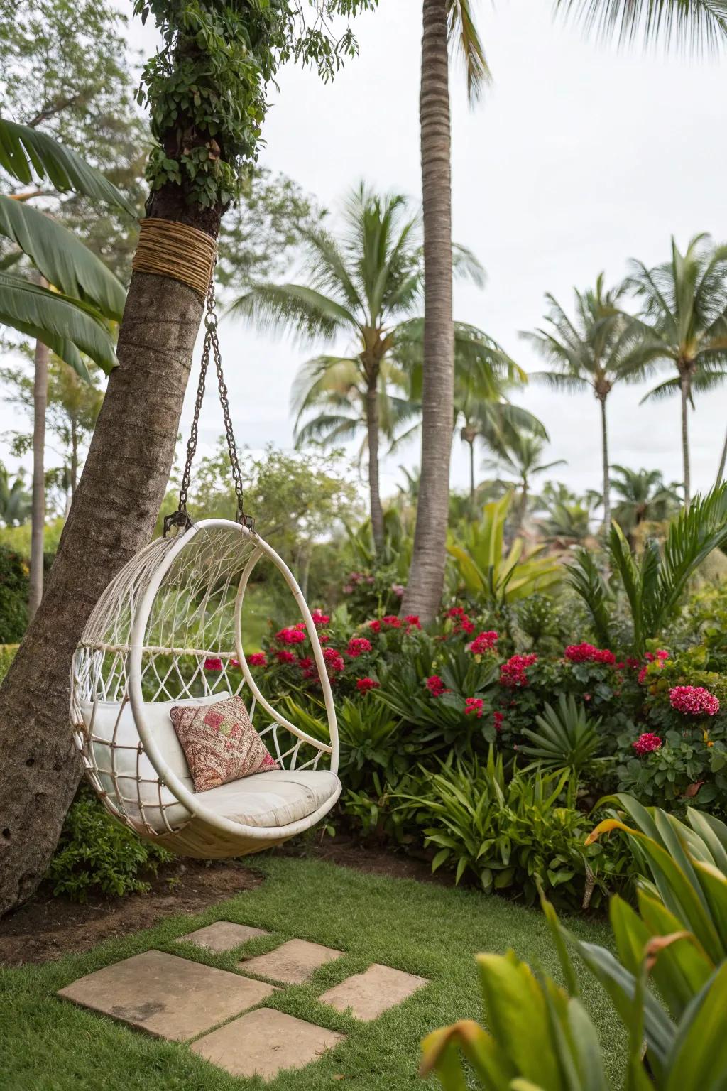 A hanging chair offers the ideal vantage point from which to enjoy the tropical scenery.