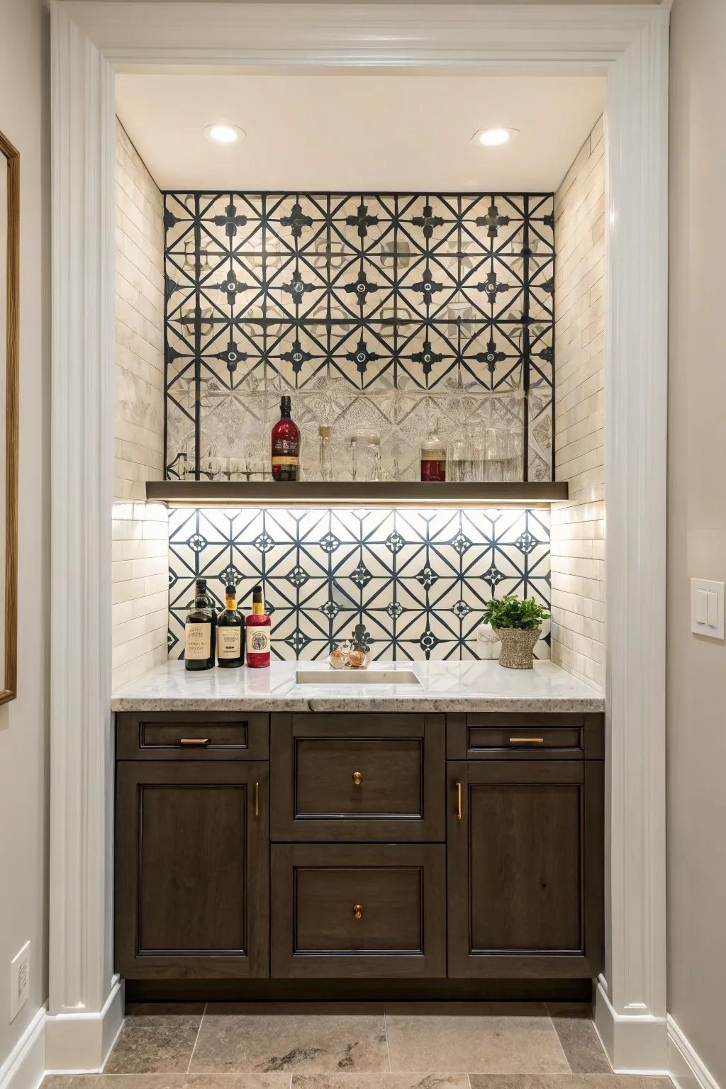 Geometric patterns adding charm to a small wet bar.