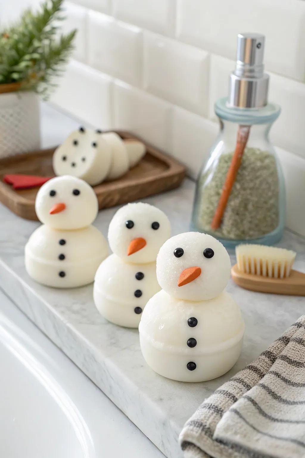 Snow figure cleansing bars add a whimsical touch to personal care.