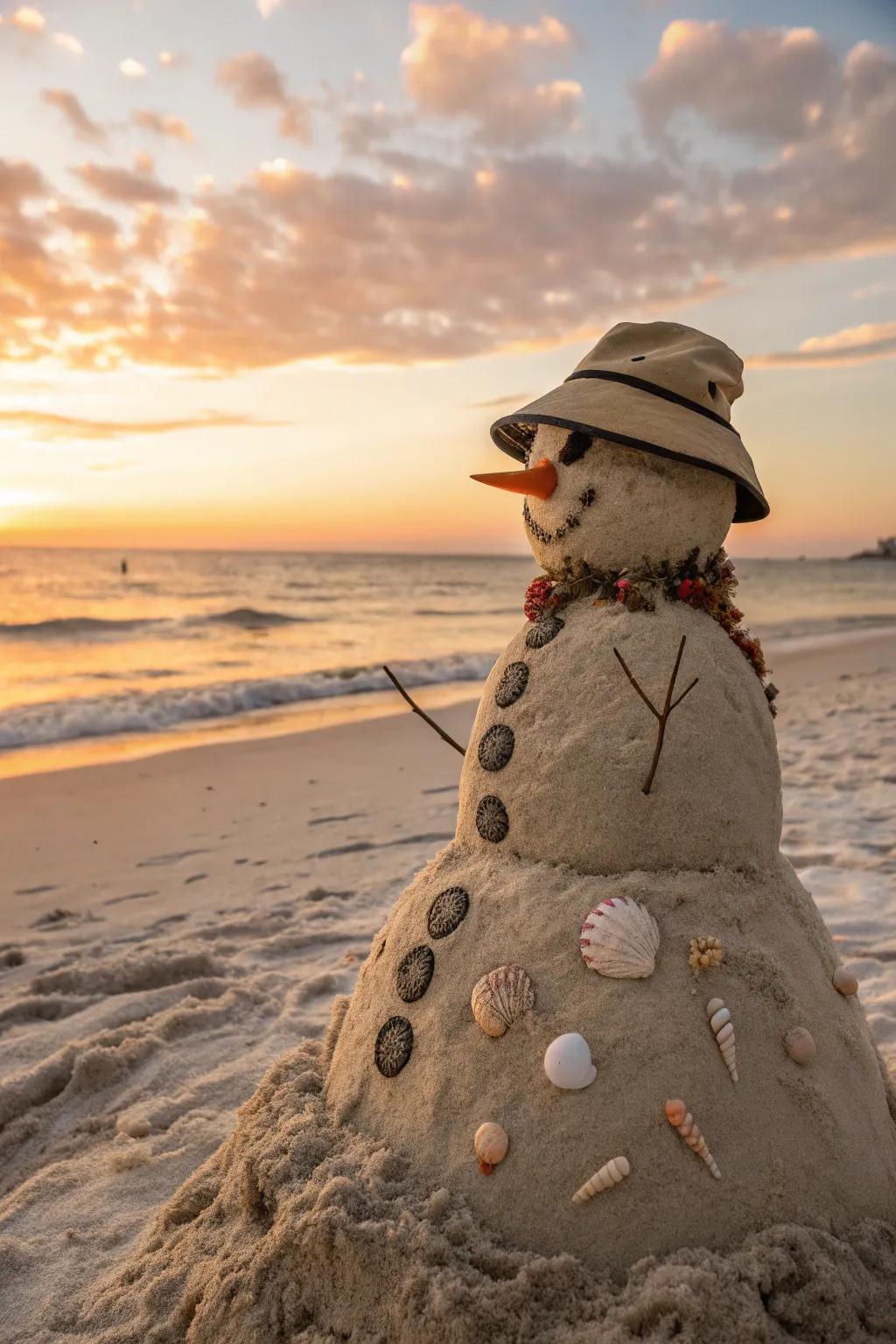 A sandcastle snowman blending beach vibes with winter spirit.