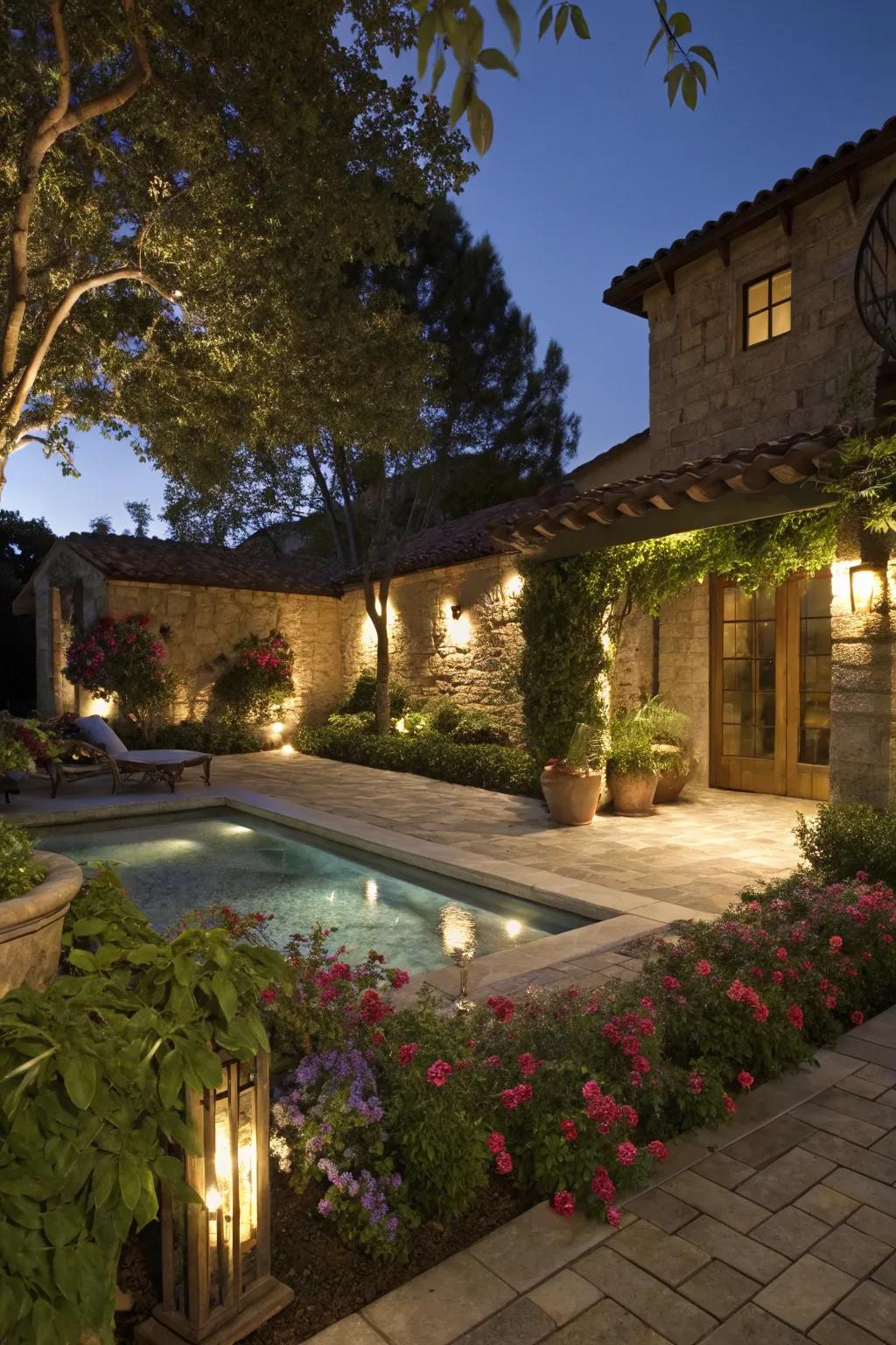 Concealed bulbs create a magical ambiance in this Spanish-inspired backyard at night.