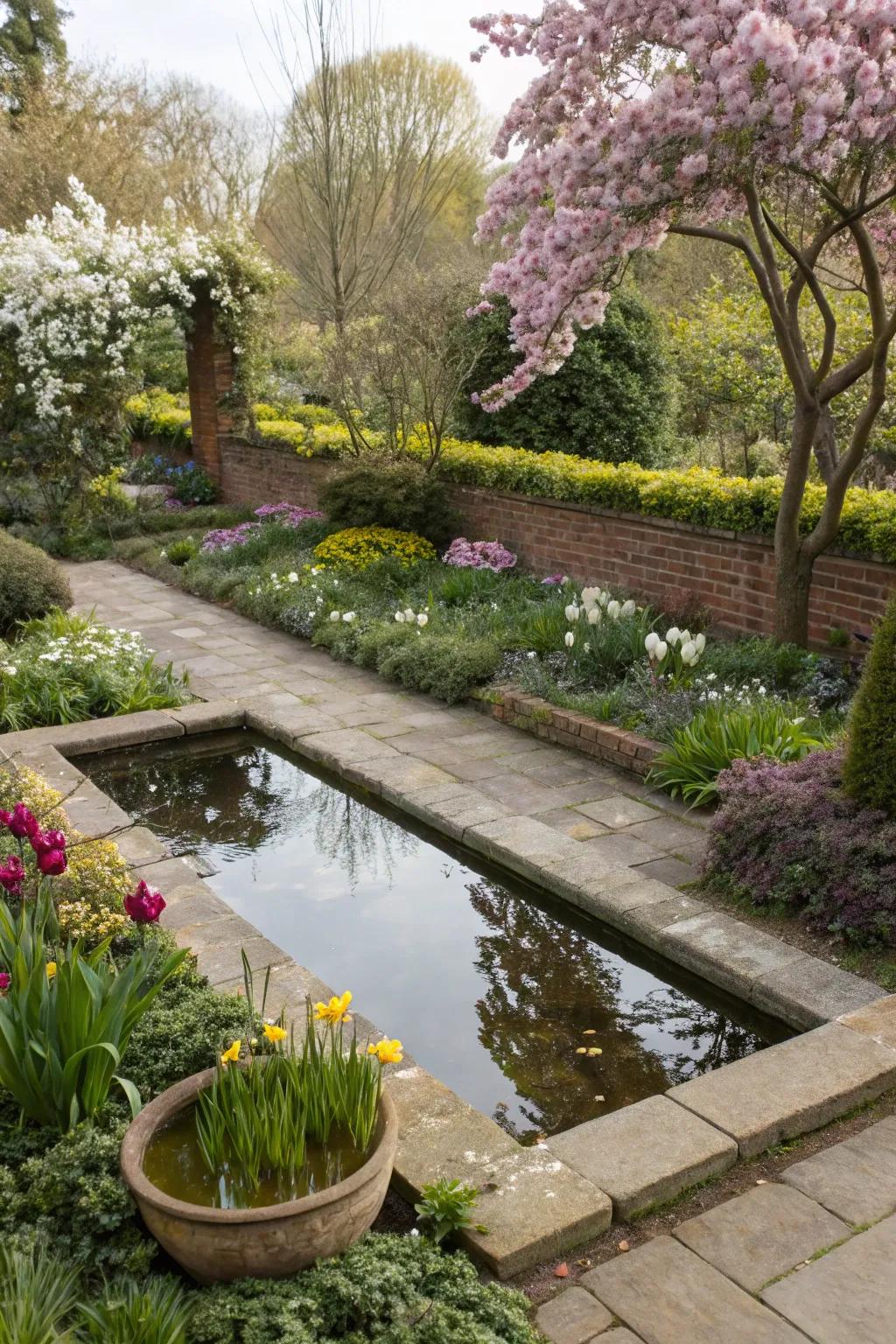 A reflecting liquid element enhances the tranquility of garden borders.