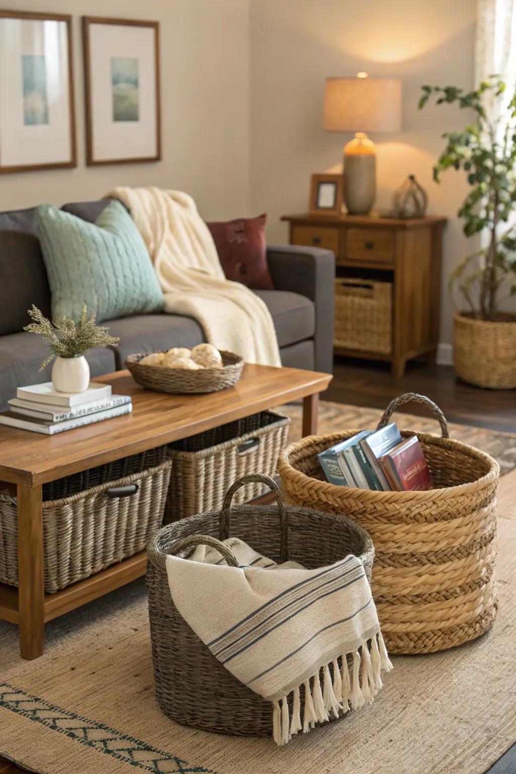 Woven containers offer stylish storage that complements spring decor.