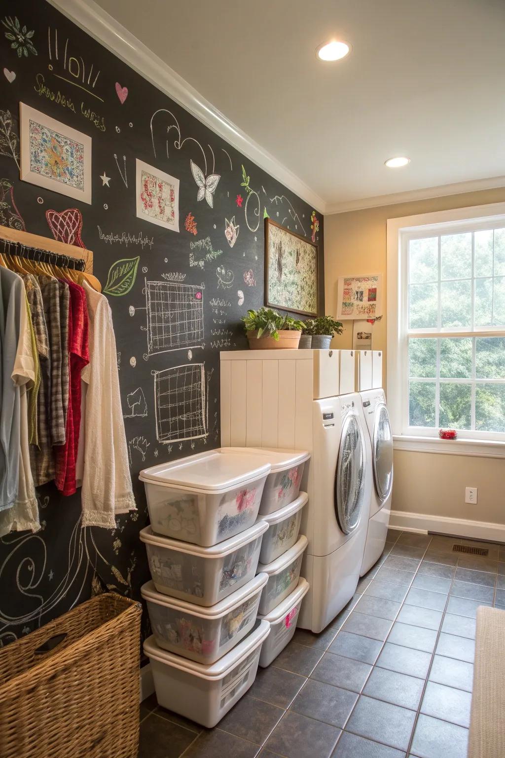 A chalkboard wall adds a playful and practical touch to your laundry room.