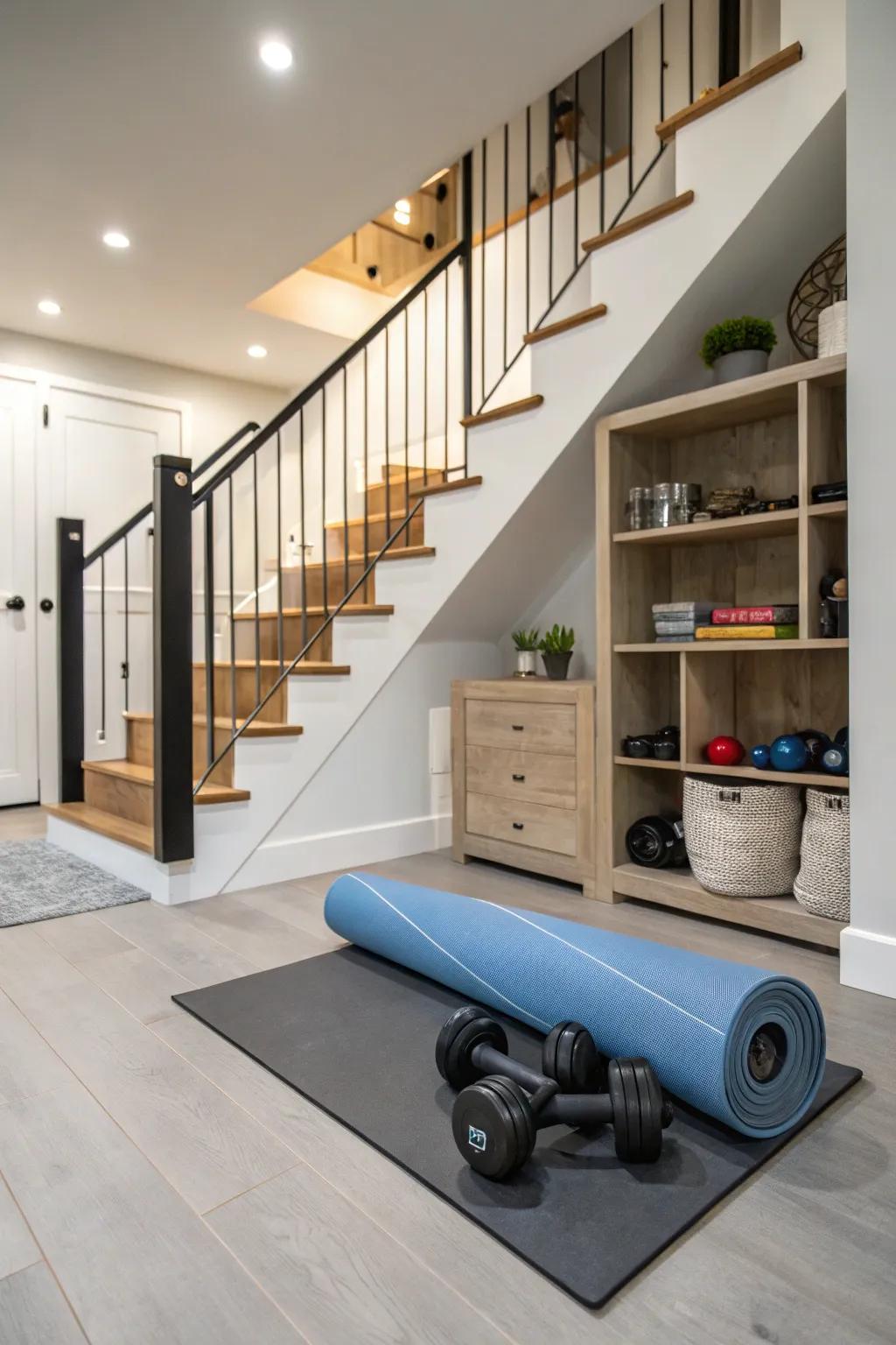 Stay active with a mini home gym beneath the staircase.