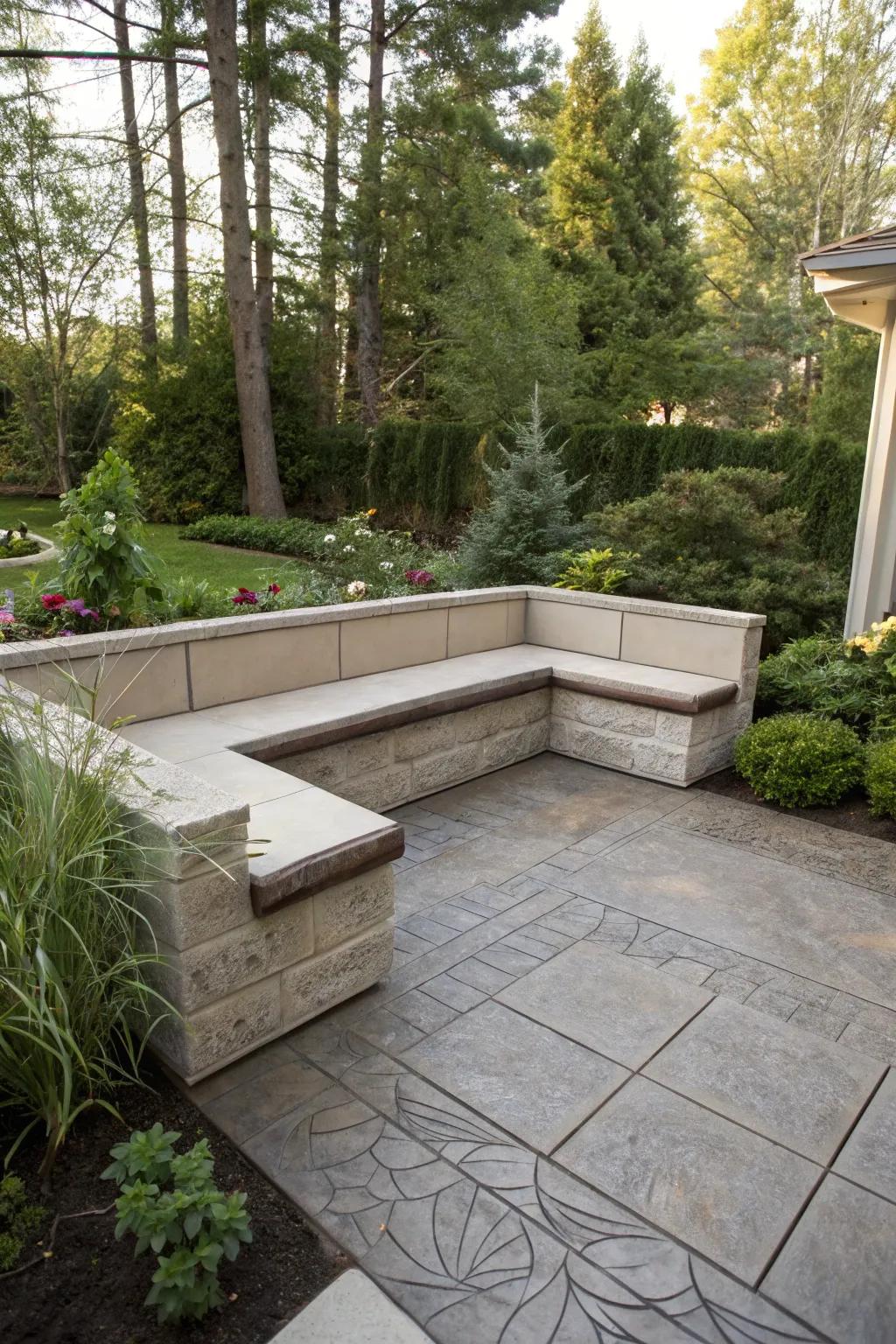 A stamped concrete patio featuring a chic built-in bench.