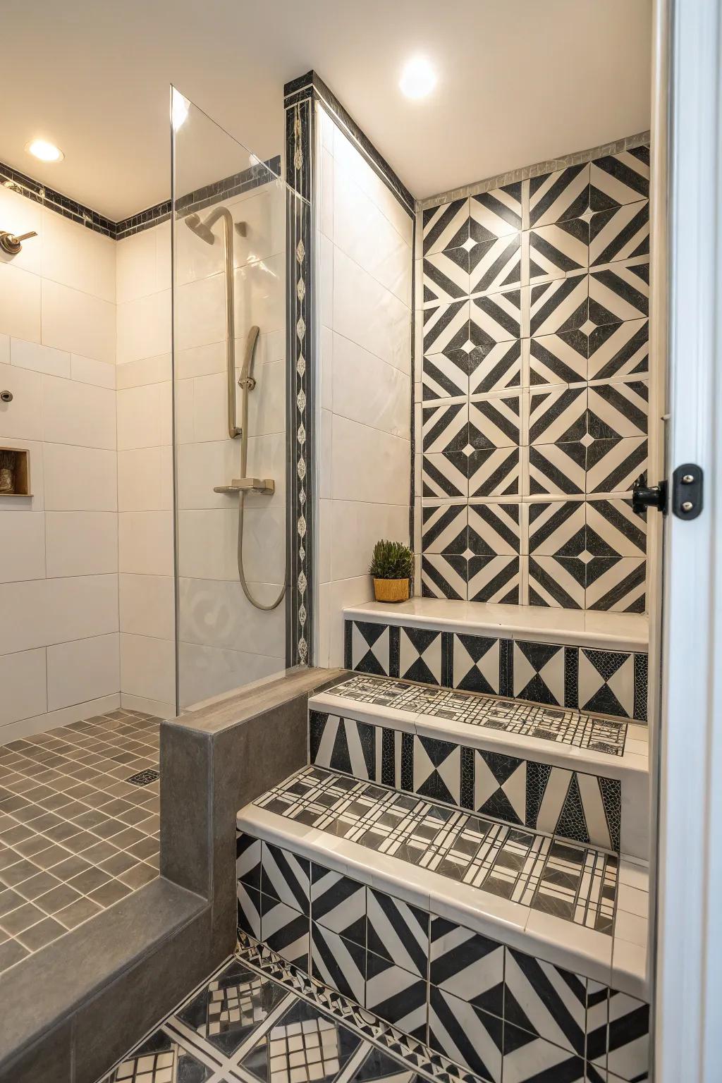 Step-down shower featuring organized patterning providing a sleek scene.