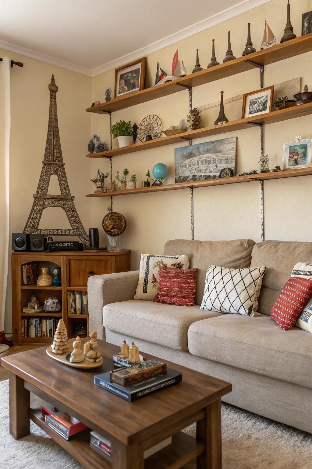 The living room has a shelf installed above the sofa.