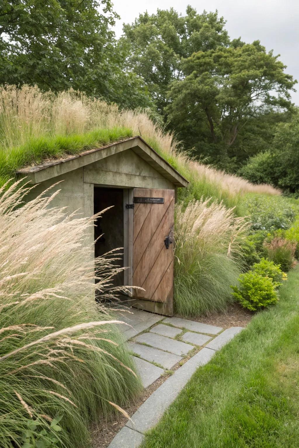 Local grasses offer movement and sustainable beauty around the shelter.
