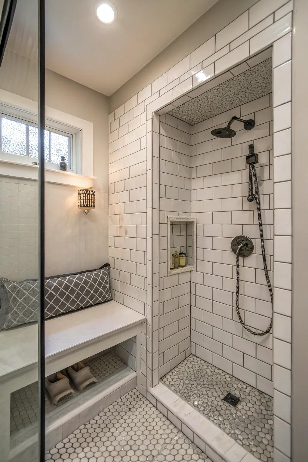 A spacious shower featuring a niche and integrated seating.