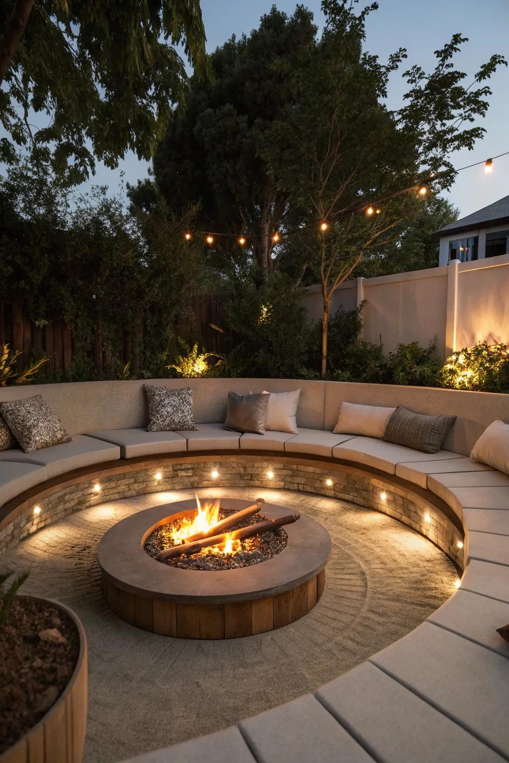 Hidden lighting adds elegance to this sunken fire pit.