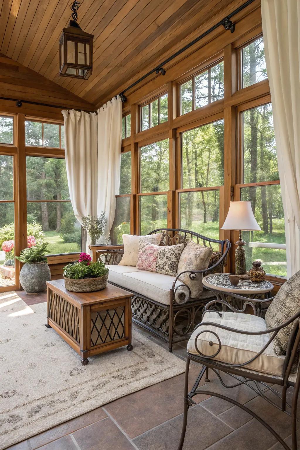 Mixing feels creates a rich and inviting sunroom.