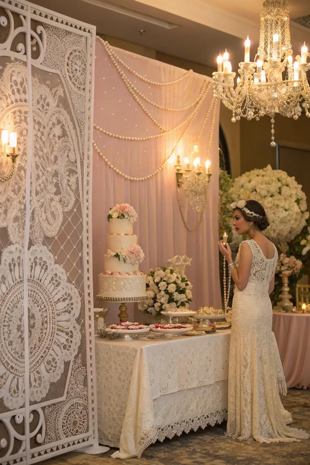 A vintage glamour backdrop adds timeless sophistication to the celebration.