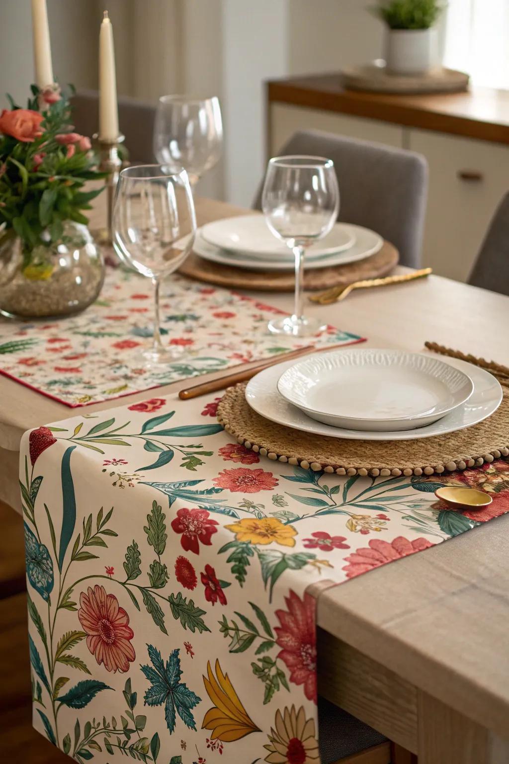 A floral table runner for an elegant and feminine dining setting.