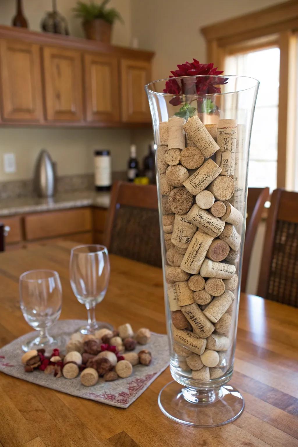 A tall glass vase arranged with wine stoppers, adding a personal, country hint to the cooking area.