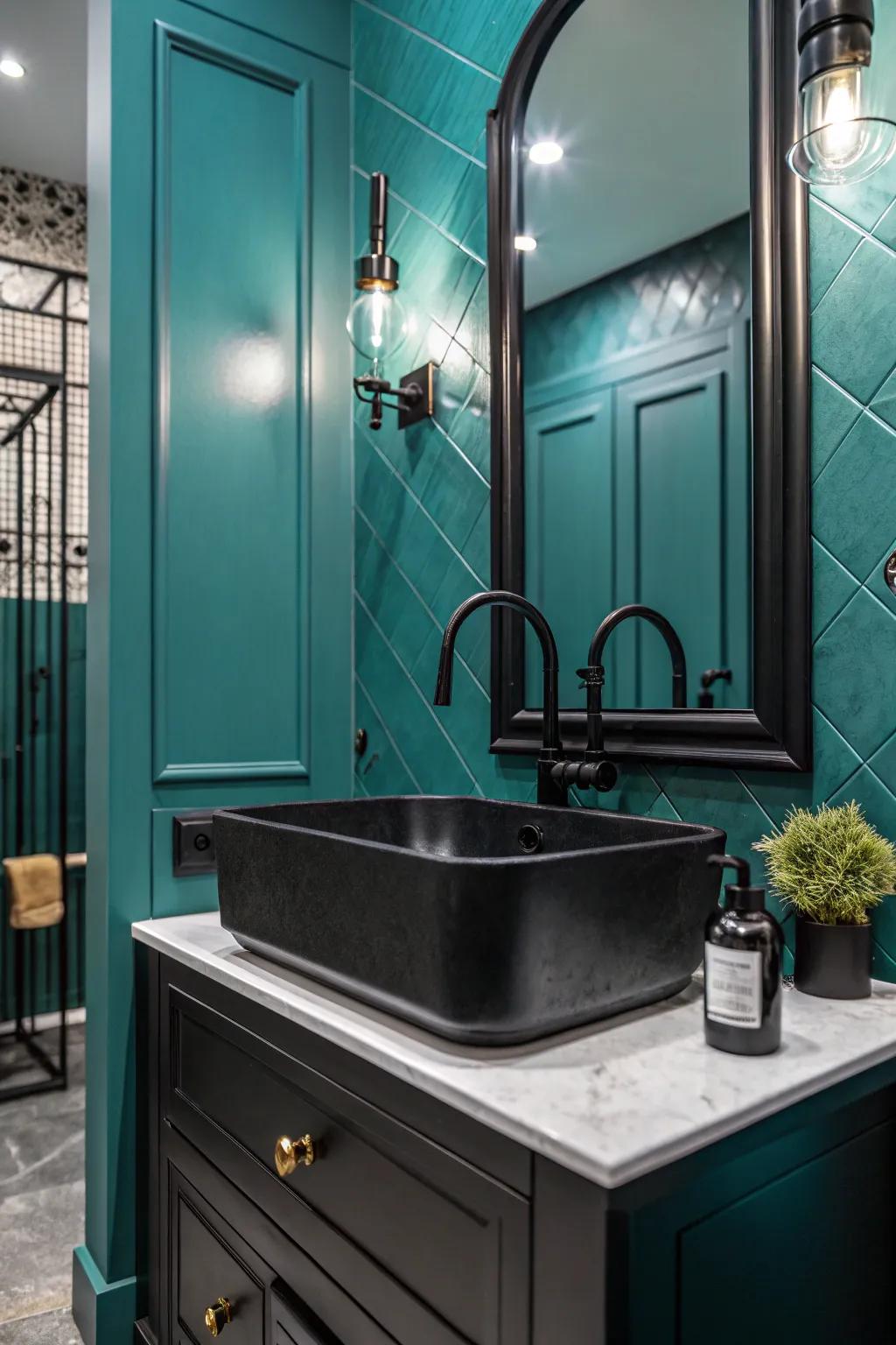 Design drama by using seafoam and dark accents.