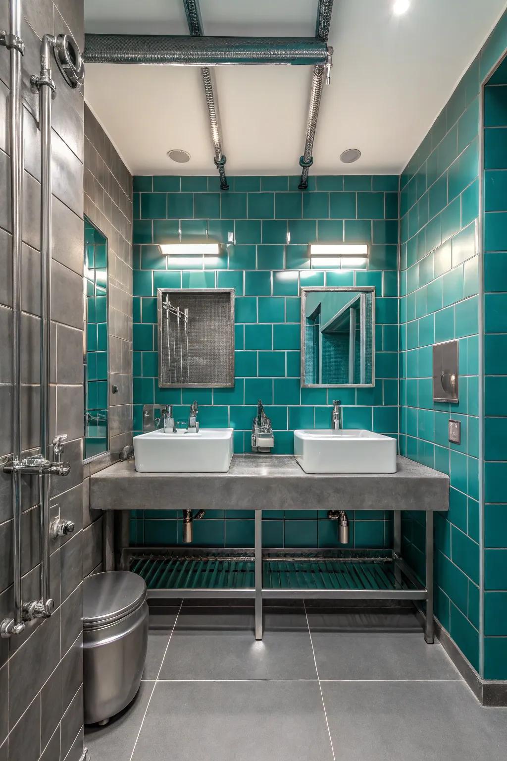 Metal details and turquoise tiles for a modern factory look.