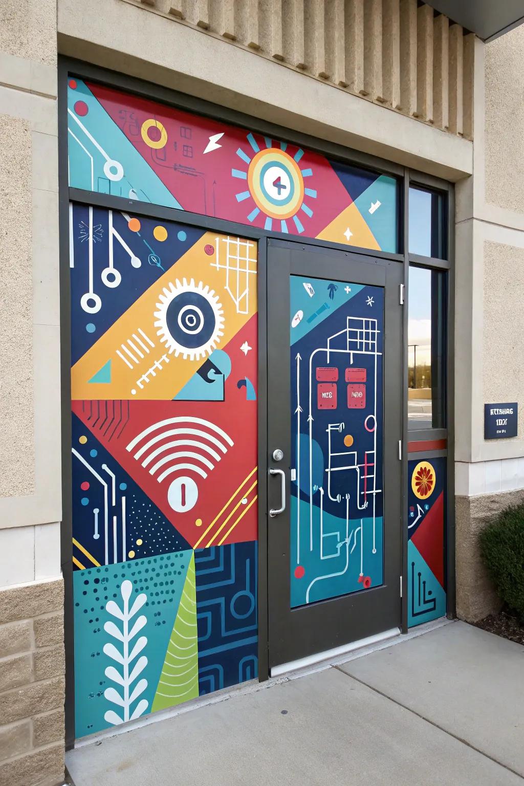 A door transformed with a vibrant tech themed painting.