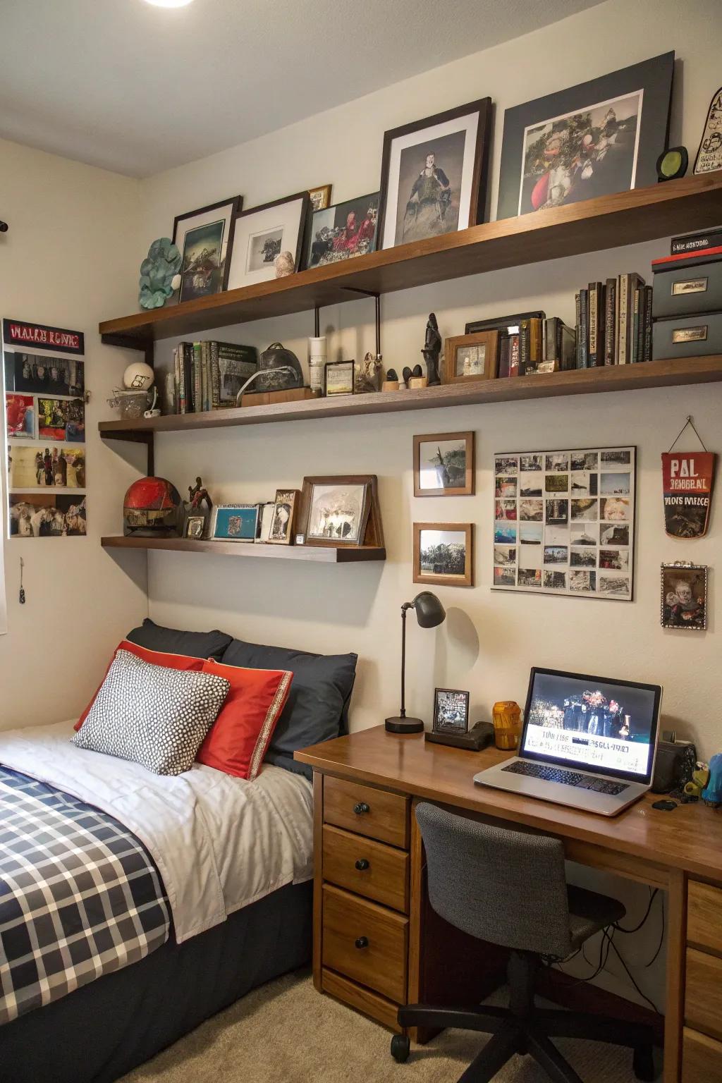 Personal mementos and photos add a unique narrative to this teen boy's room.