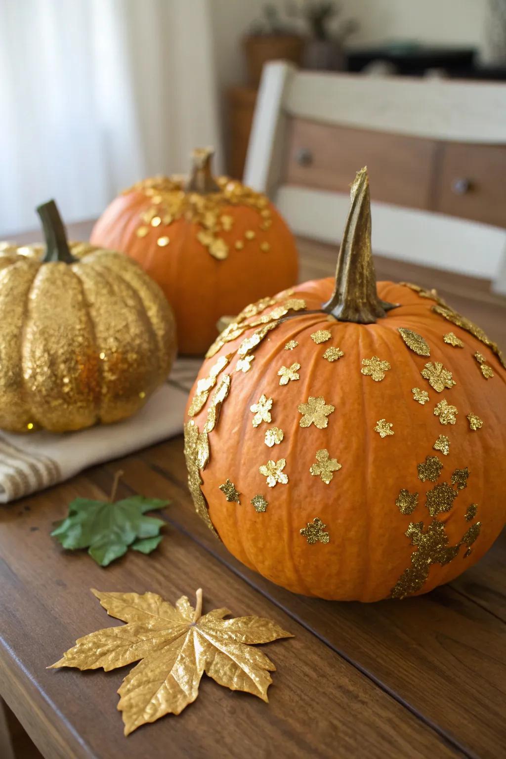 Magnificent gilded sheet pumpkins fashioned for a sophisticated shimmer.