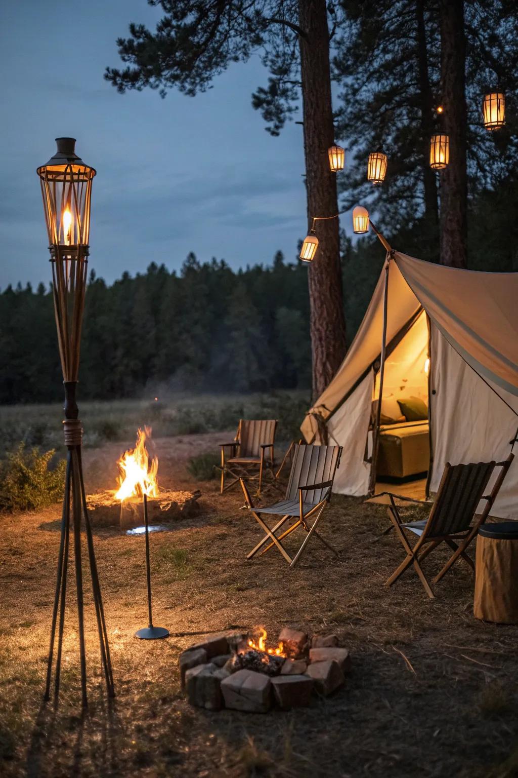 Produce a cozy camping atmosphere utilizing flame poles.