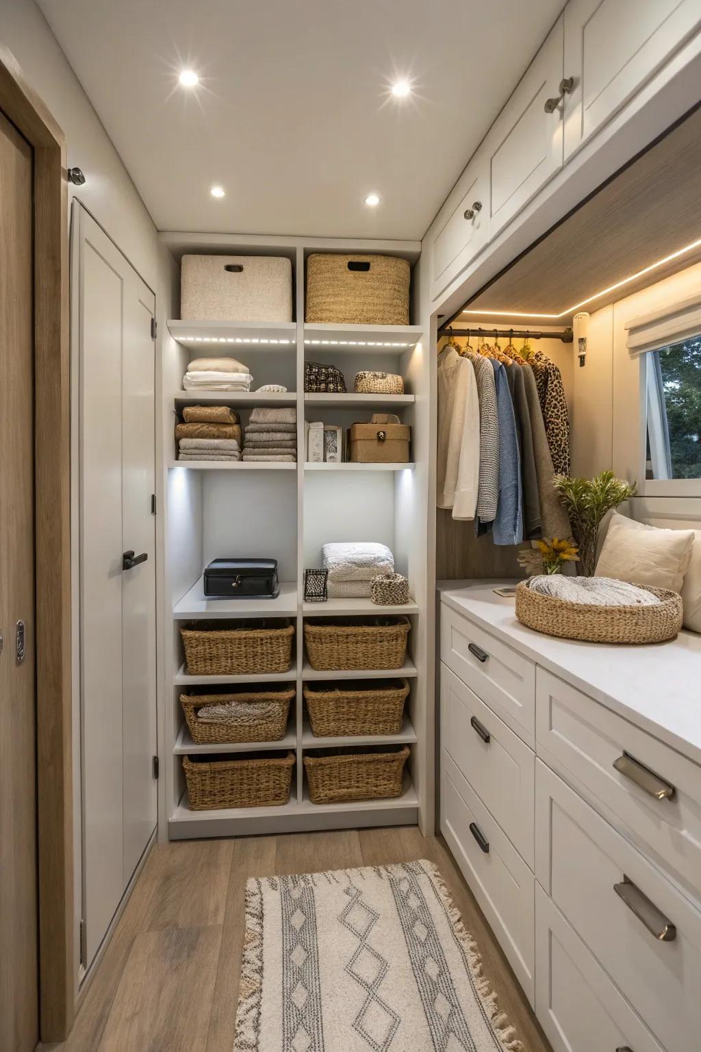 Hidden storage keeps the room neat and organized.