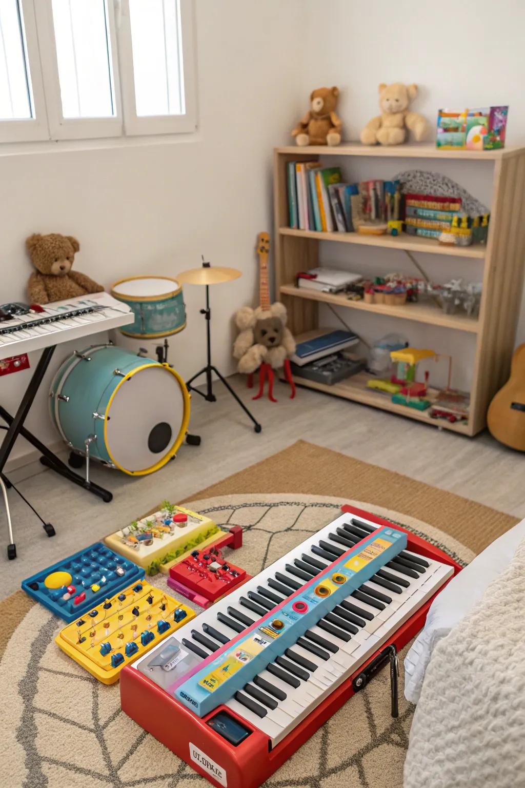 A music area introduces children to the joys of rhythm and melody.