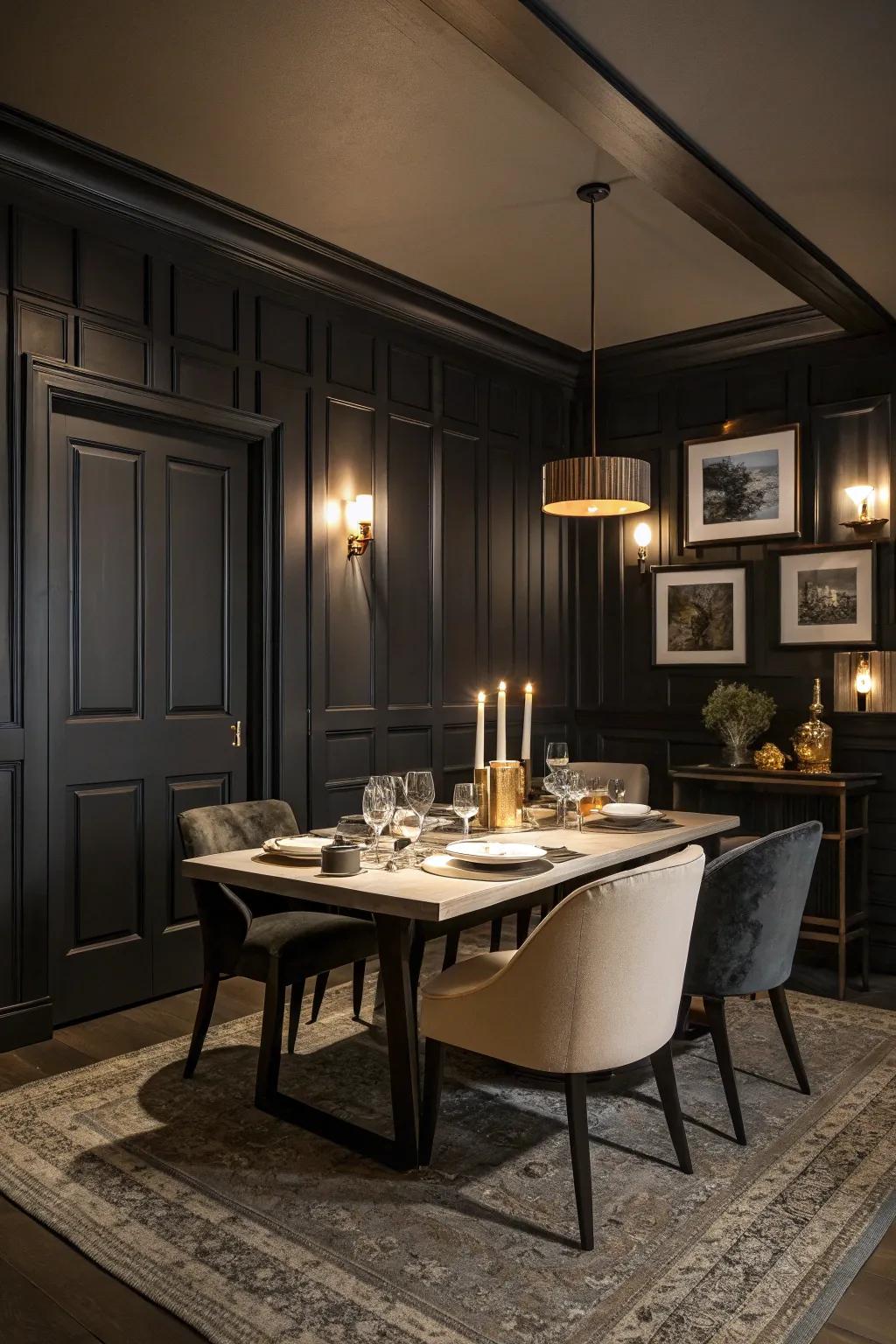 Dark tongue and groove walls add drama to this dining space.