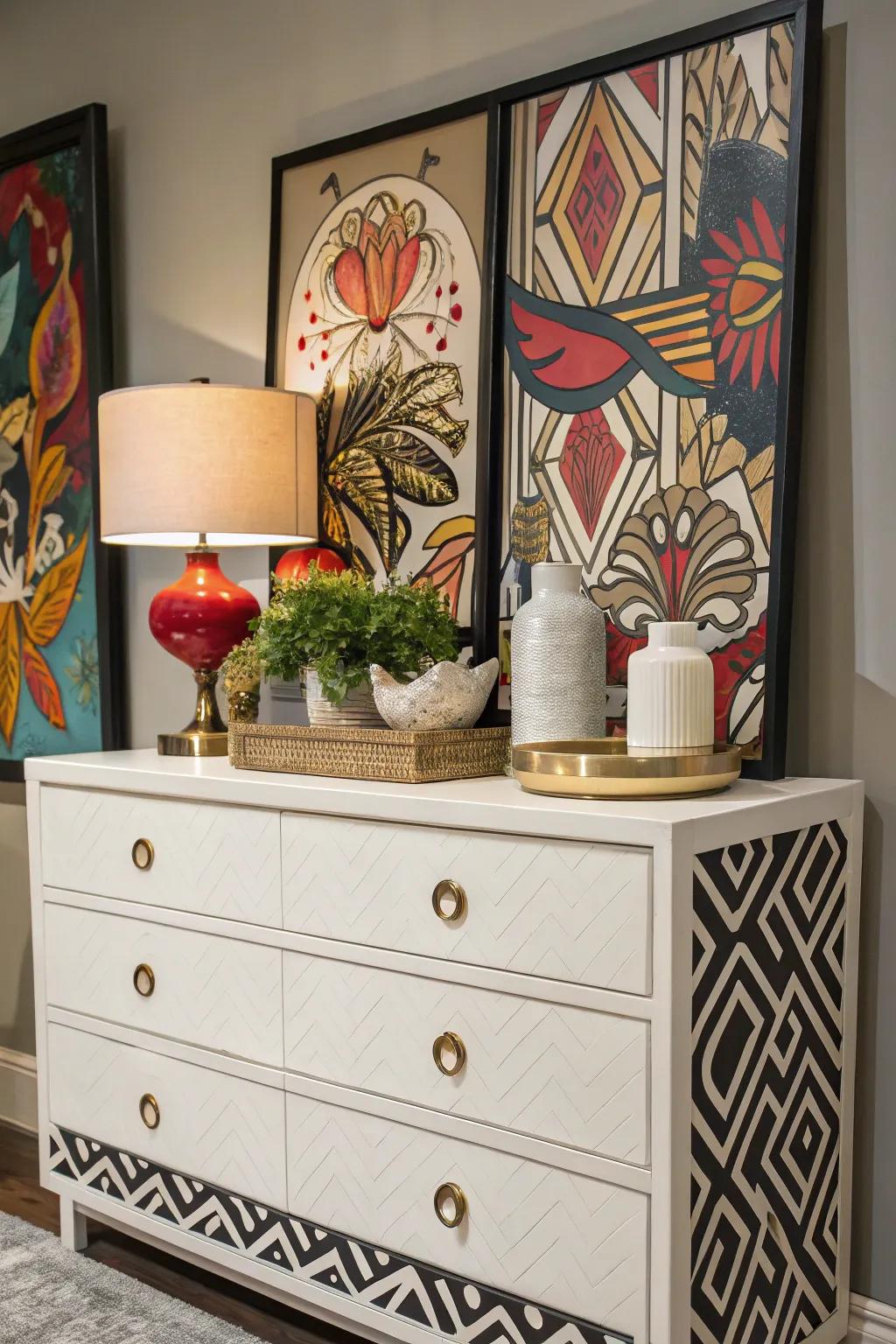 Bold artwork serves as a striking backdrop for a dresser.