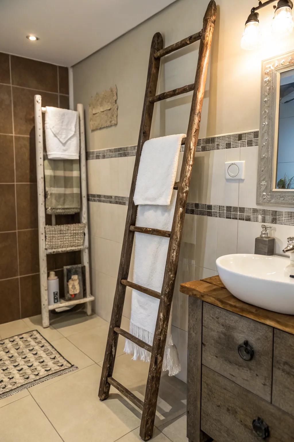 Embrace upcycling through a reimagined ladder shifting it into a fascinating towel hanger.