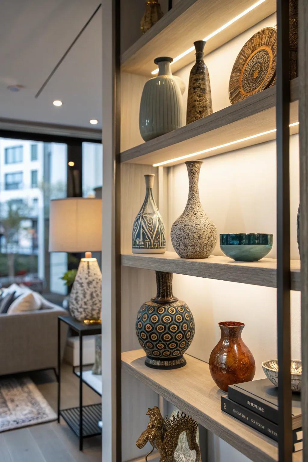 Shelf showcasing unique and personal decor pieces