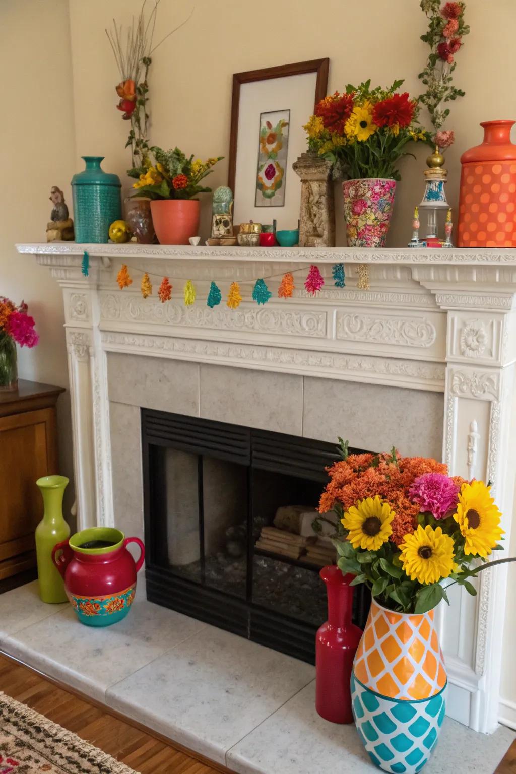 Unexpected color pops add a playful touch to the mantel.