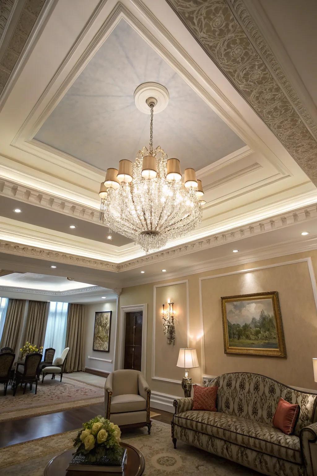 A sophisticated room with a tray ceiling featuring layered crown molding.